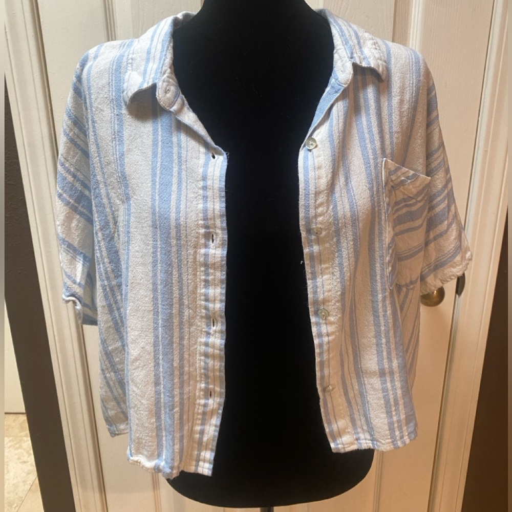 Blue and White Striped Cropped Button up